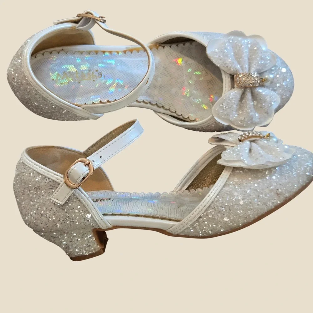 Motasha Girls White Glitter Dress Shoes Low Heel Bow Pearl Rhinestone Size 1
